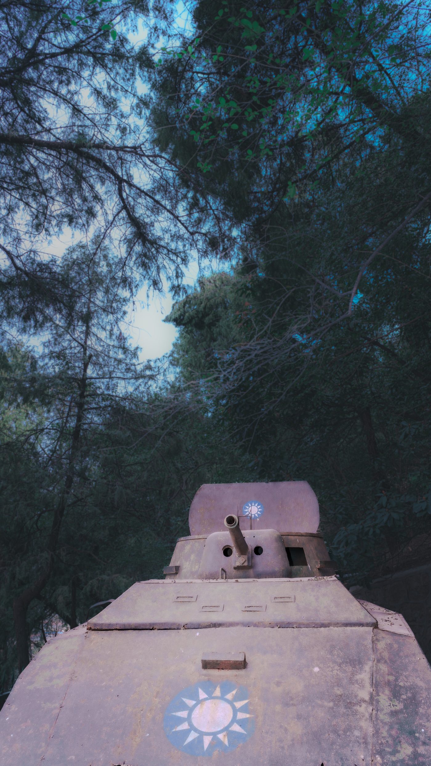 Weathered armored vehicle seen low over its hull, a white starburst emblem on the plating and gun barrel angled into dark pines.